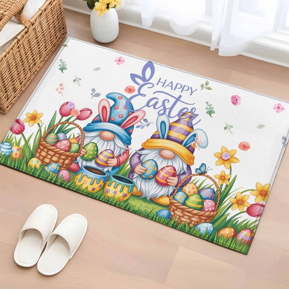Easter Gnomes Bunnies Entryway Rug 2'x3' Non Slip Front Door Mats, Spring Easter Eggs Floral Leaves Entrance Rugs Indoor Outdoor Carpet, Washable Floor Mats Small Area Rug for Bedroom Kitchen