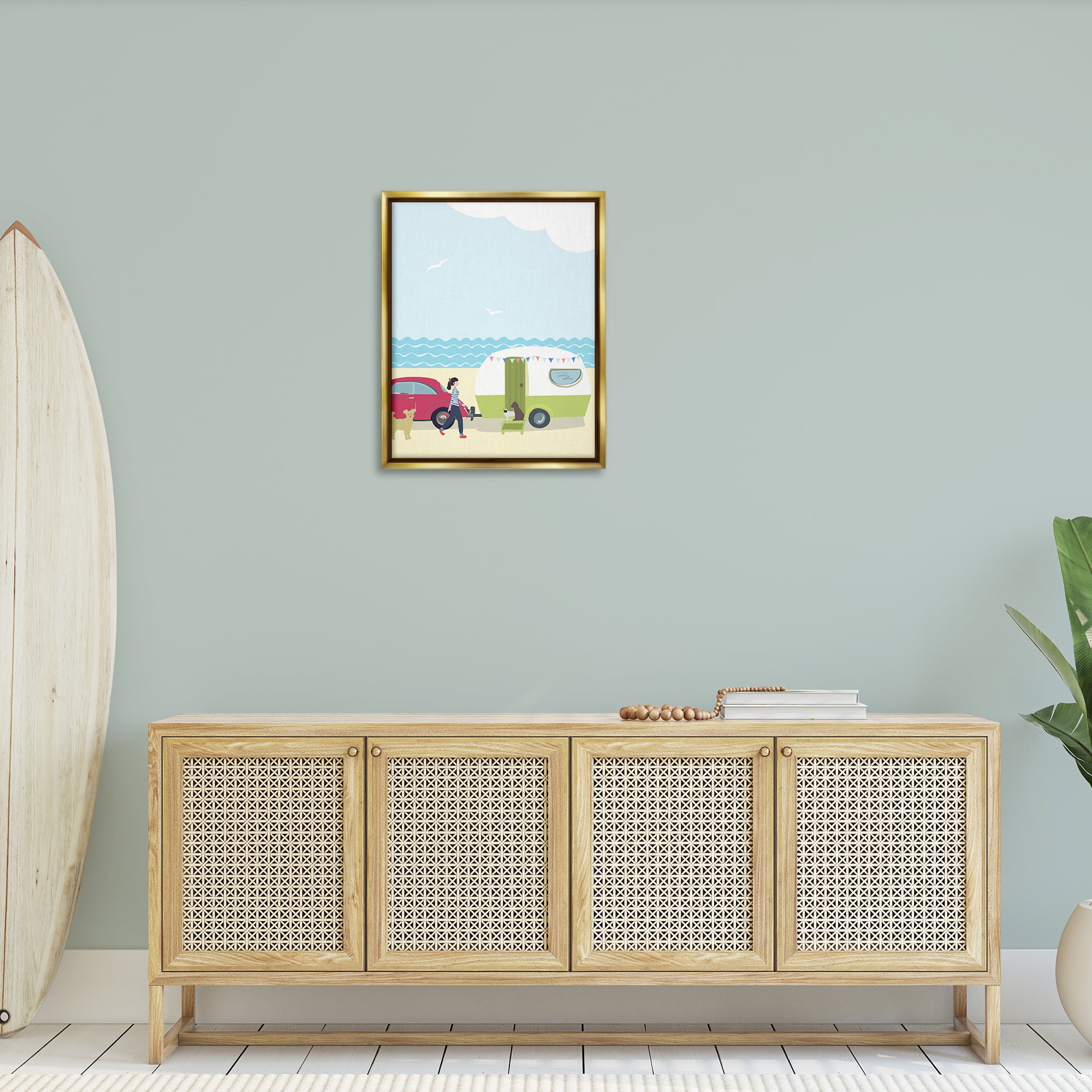 Stupell Industries Beach Day with Dogs Nautical & Beach Painting Gold Floater Framed Canvas Art Print Wall Art, 25 x 31