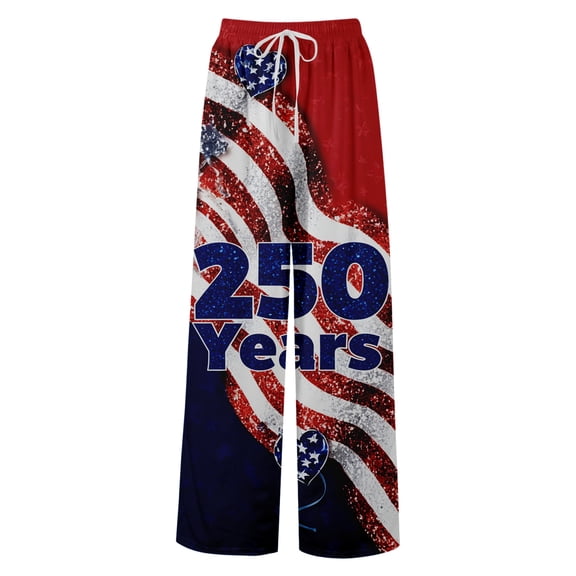 USA Anniversary 250 Womens Workout Pants United States American Flag Print Elastic High Waist Pants Slit Baggy Wide Leg Casual Comfy Trousers, #01 Red, L
