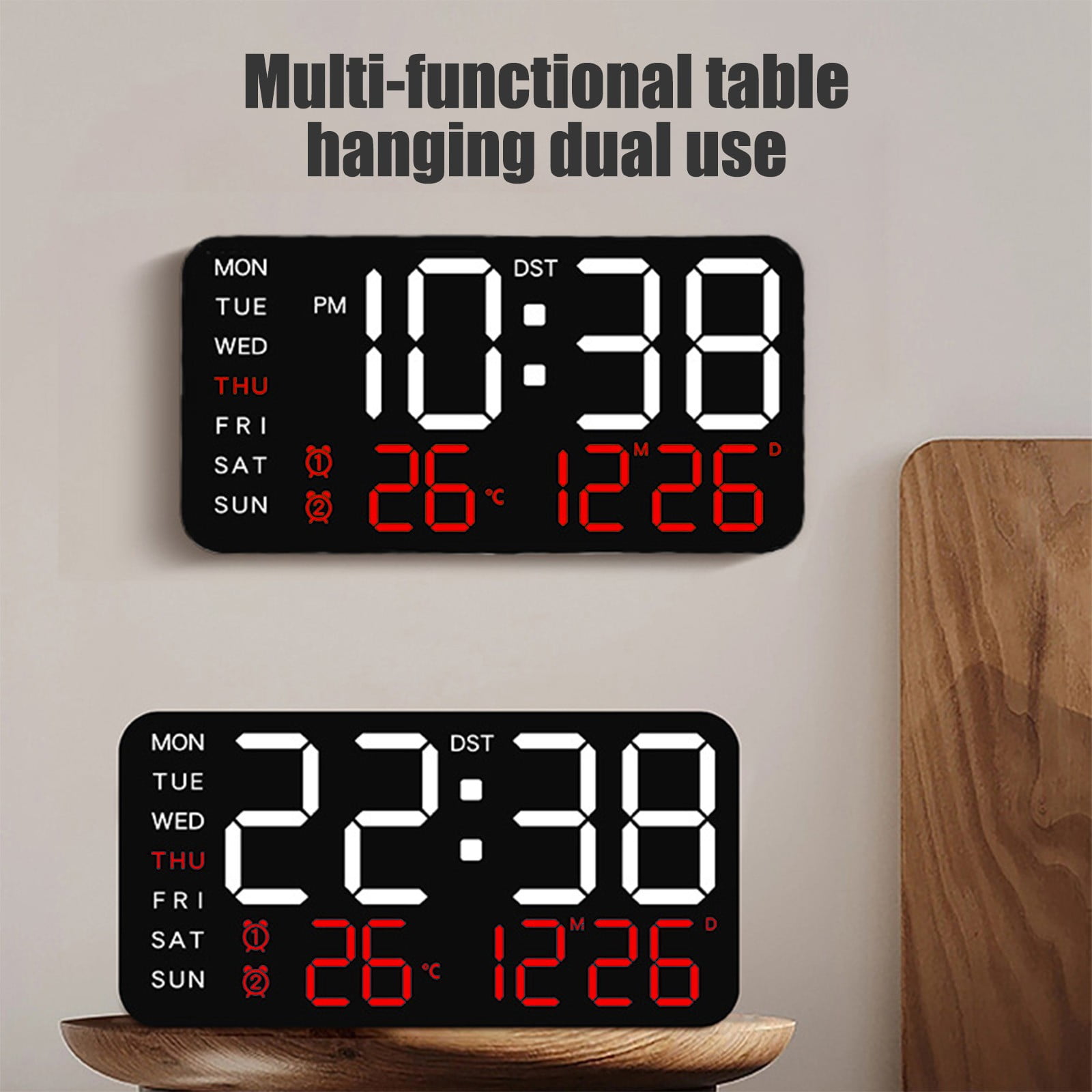 Large Digital Clock with Date and Day of Week - Electric Desk Clock, Bedroom Alarm Clock with Battery Backup, Dimmer, USB Port, Auto DST, Temperature, Adjustable Volume