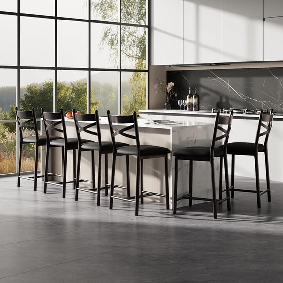 Juego de 8 Taburetes de Bar Tapizados en Piel PU con Respaldo y Reposapiés - Altura de 66 cm para Encimeras y Cocinas - Estructura Metálica Robusta - Ideal para Isla de Cocina, Bar en Casa o Comedor