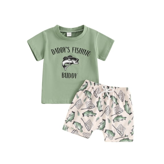 Suealasg Toddler Boys Clothes 6M 1T 2T 3T Short Sleeve Letter Print T-Shirt Tops and Fish Print Shorts Sets 2Pcs Baby Summer Outfits