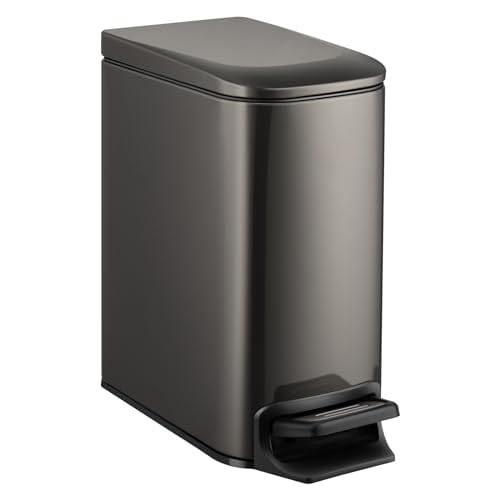 Slim Bathroom Trash Can with Lid Soft Close, 6 Liter / 1.6 Gallon Stainless Steel Garbage Can with Removable Inner Bucket, Step Pedal, Small Trash Cans for Bedroom, Office, Kitchen (Black Gold)