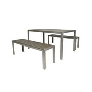 GDF Studio Crested Bay Outdoor Aluminum and Faux Wood 3 Piece Picnic Set, Silver and Natural