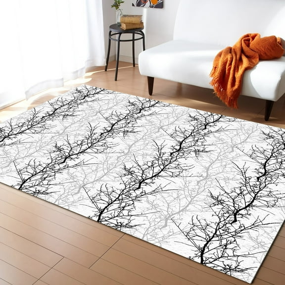 Area Rugs Indoor Non-Slip Rectangle Rug 2.7x5 Ft Black Grey Tree Branch Rug Rubber Backing Floor Mats Non Shedding Home Decor Carpet for Entryway Living Room