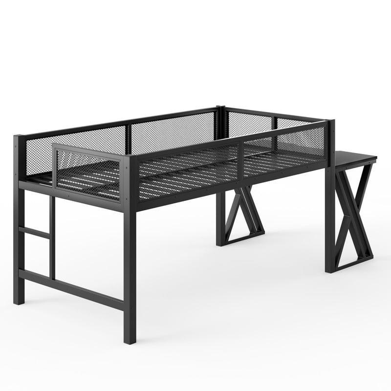 Twin XL Gaming Loft Bed with Computer Desk of X-Shaped Legs, Metal Bed Frame with LED Lights, Charge Station & Mesh Guardrail