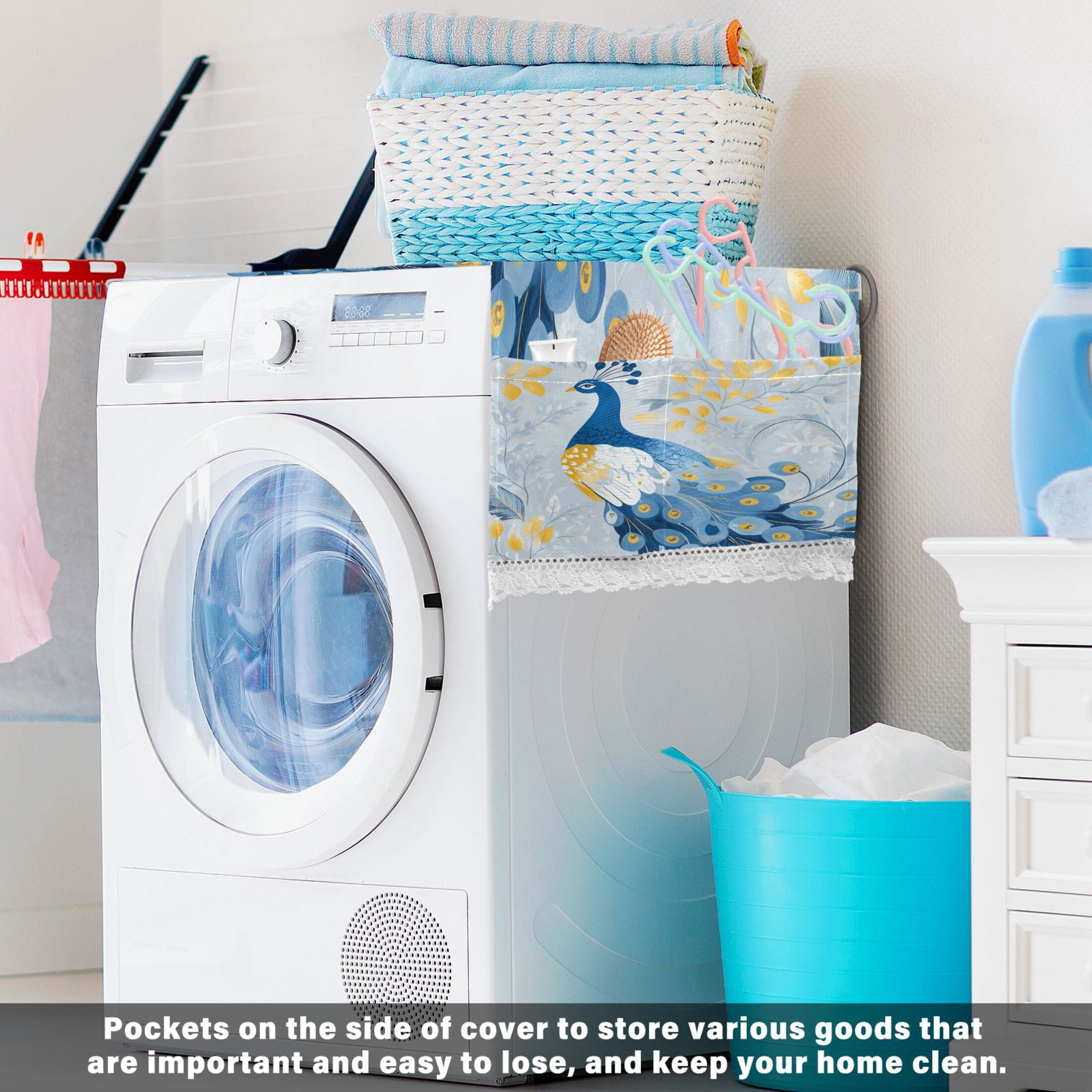 WOBOGO Watercolor Blue Peacock Washing Machine Cloth Dryer Refrigerator Top Cover Protective Non-Slip Mat For Kitchen Laundry
