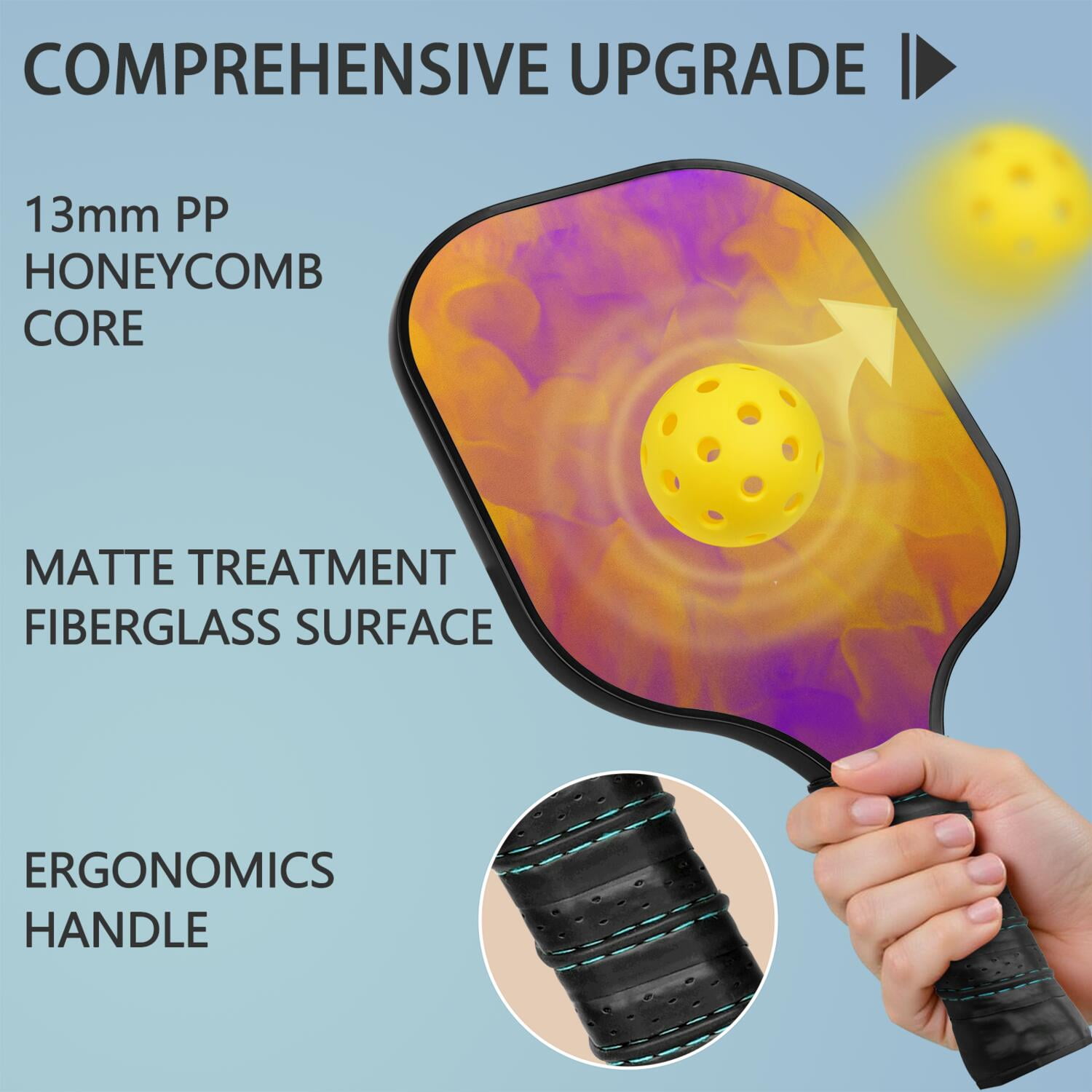 Pickleball Paddles Set Of 2, Fiberglass Surface, Fluid Smoke Aurora Art Style, 4 Balls & Bag
