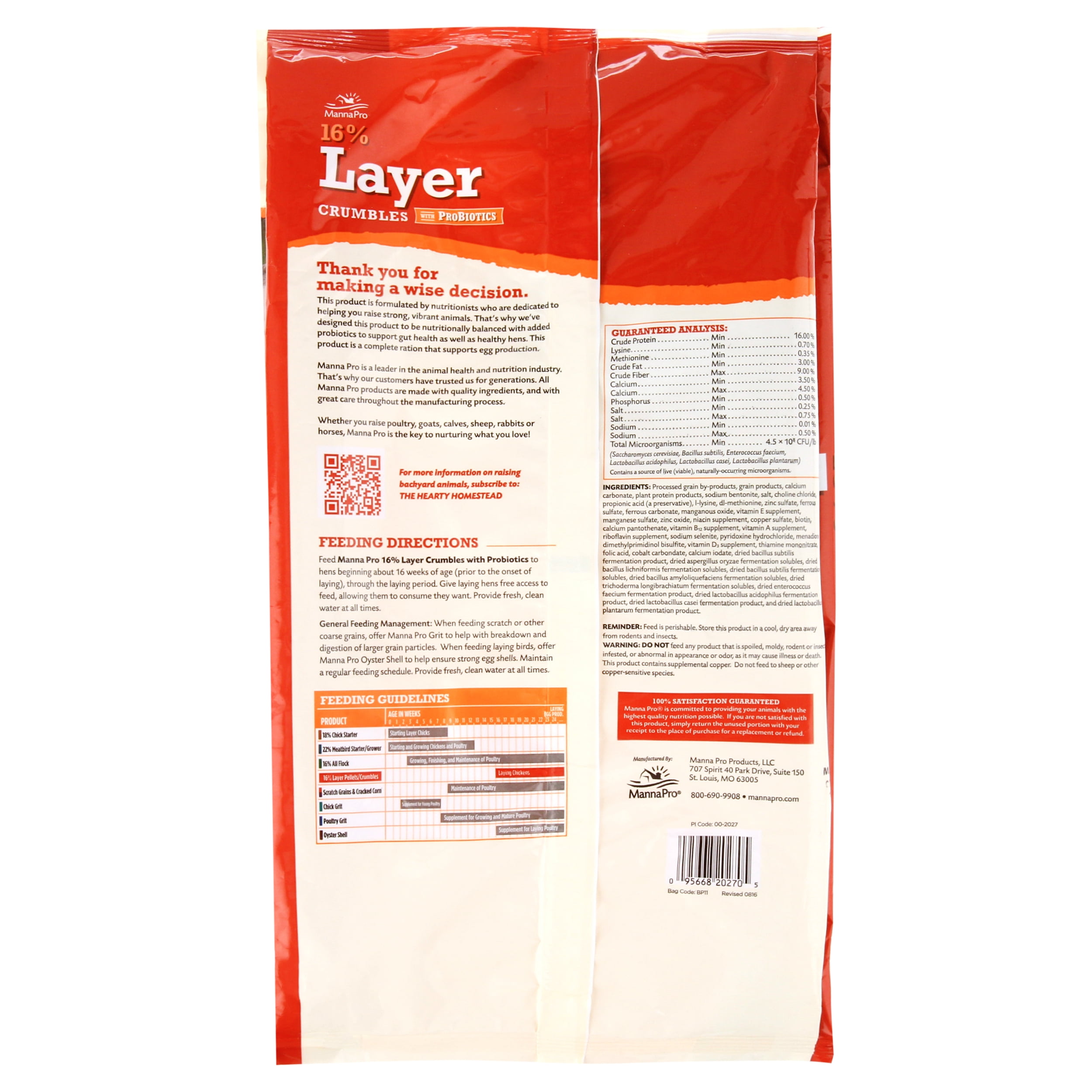 Manna Pro 16% Layer Crumbles Chicken Feed with Probiotics for Laying Hens - 8 lb Bag