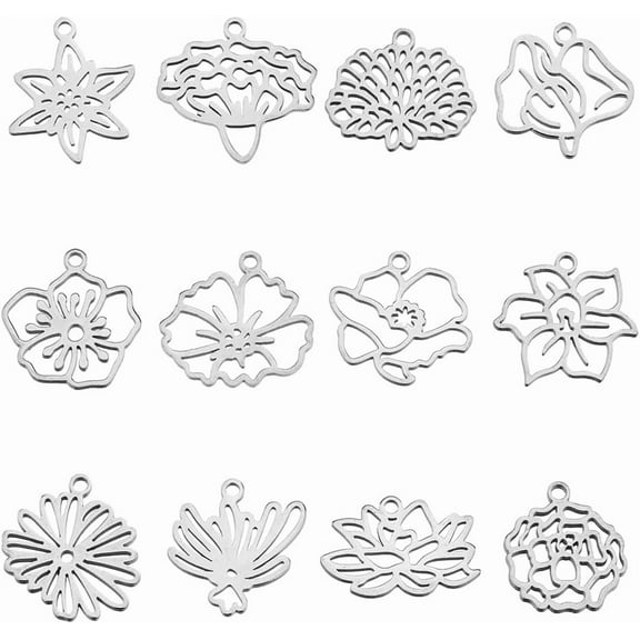 Birth Flower Charms Stainless Steel Flower Dangles Charm Hollow Floral Pendants for Jewelry Making DIY Bracelet Necklace Earrings Keychain