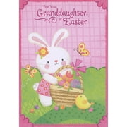 Designer Greetings Bunny with Sparkling Cheeks and Pink Dress Carrying Basket of Eggs and Flowers Juvenile Easter Card for Young Granddaughter