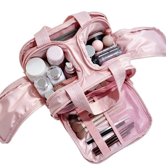 Large Capacity Travel ToiletryBag, Wide Open Pink Cosmetic Organizer with Multi Compartments, Portable Waterproof Toiletry Bag with Handle for Women, Ideal for Travel, Bathroom, and Daily Use