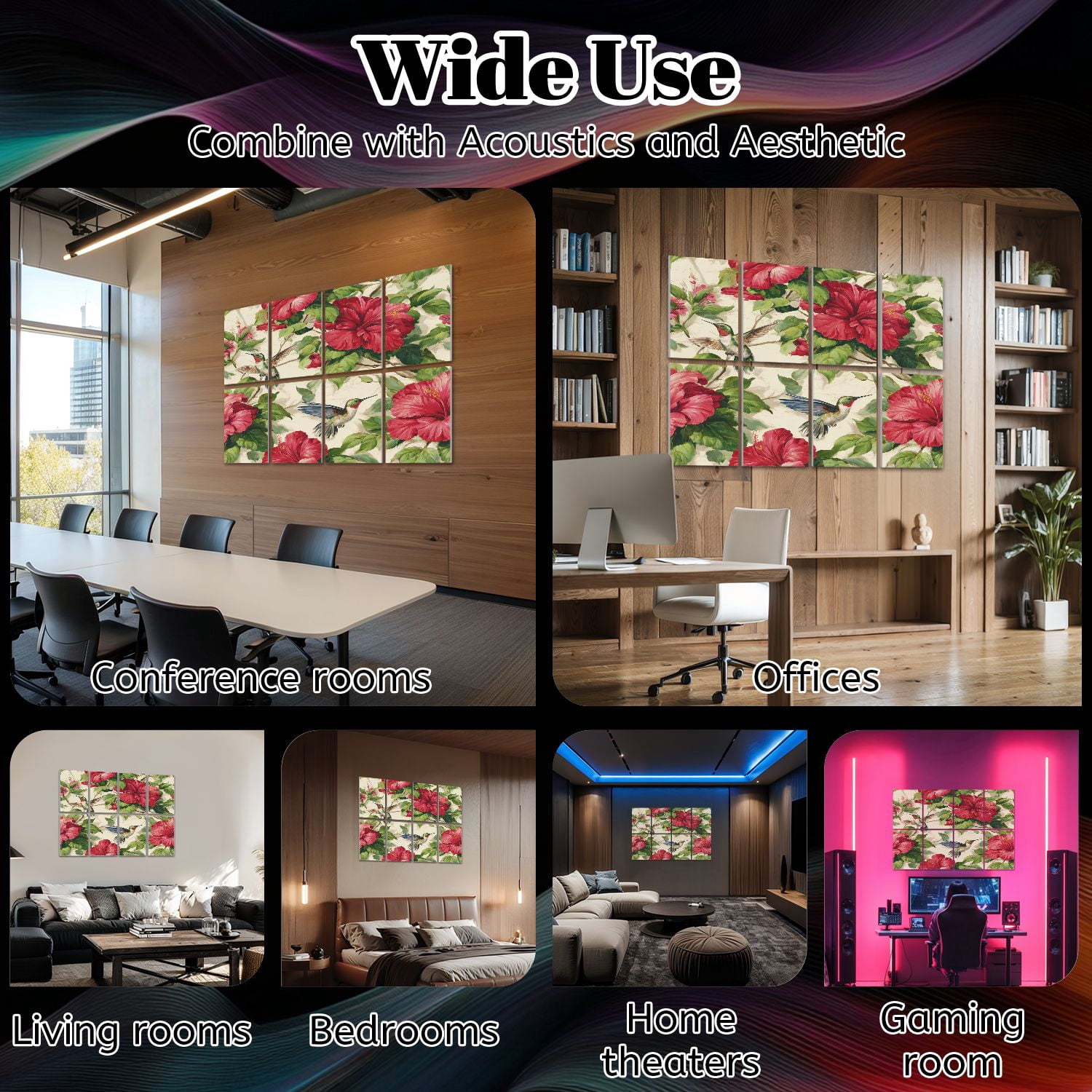 8 Pack Art Acoustic Panels Sound Absorbing Hummingbirds Red Hibiscus Floral Decorative Soundproof Wall Panels Self Adhesive for Nursery Game Room Bedroom 48"x32"