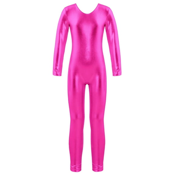 Haitryli Kids Girls Shiny Metallic Long Sleeve Gymnastics Unitard Dance Leotard One Piece Full Body Bodysuits Hot Pink 10