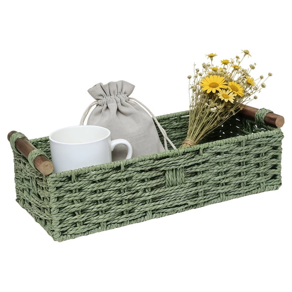 Green Woven Storage Basket with Wooden Handles, Rectangular Paper Rope Organizer Tray, Decorative Storage Bin for Bathroom Bedroom Countertop Sundries Makeup Toiletries