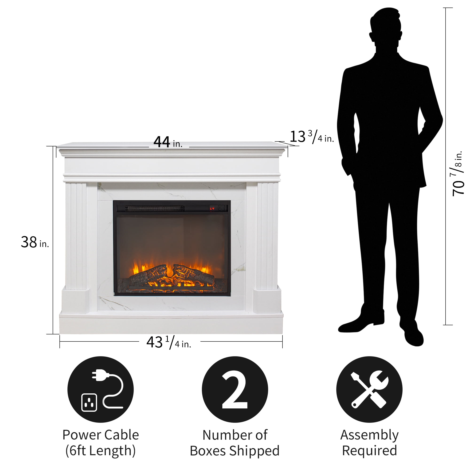 Innoflame 44" Electric Fireplace with Mantel, Freestanding Electric Fireplaces with Faux Marble, Remote, Timer, Adjustable Thermostat & Flame Brightness, White Fireplace for Living Room, 1400W