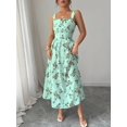 thumbnail image 4 of Limelight Green Floral Print Waist-Gathering Pleated A-Line Maxi Dress For Women, 4 of 6