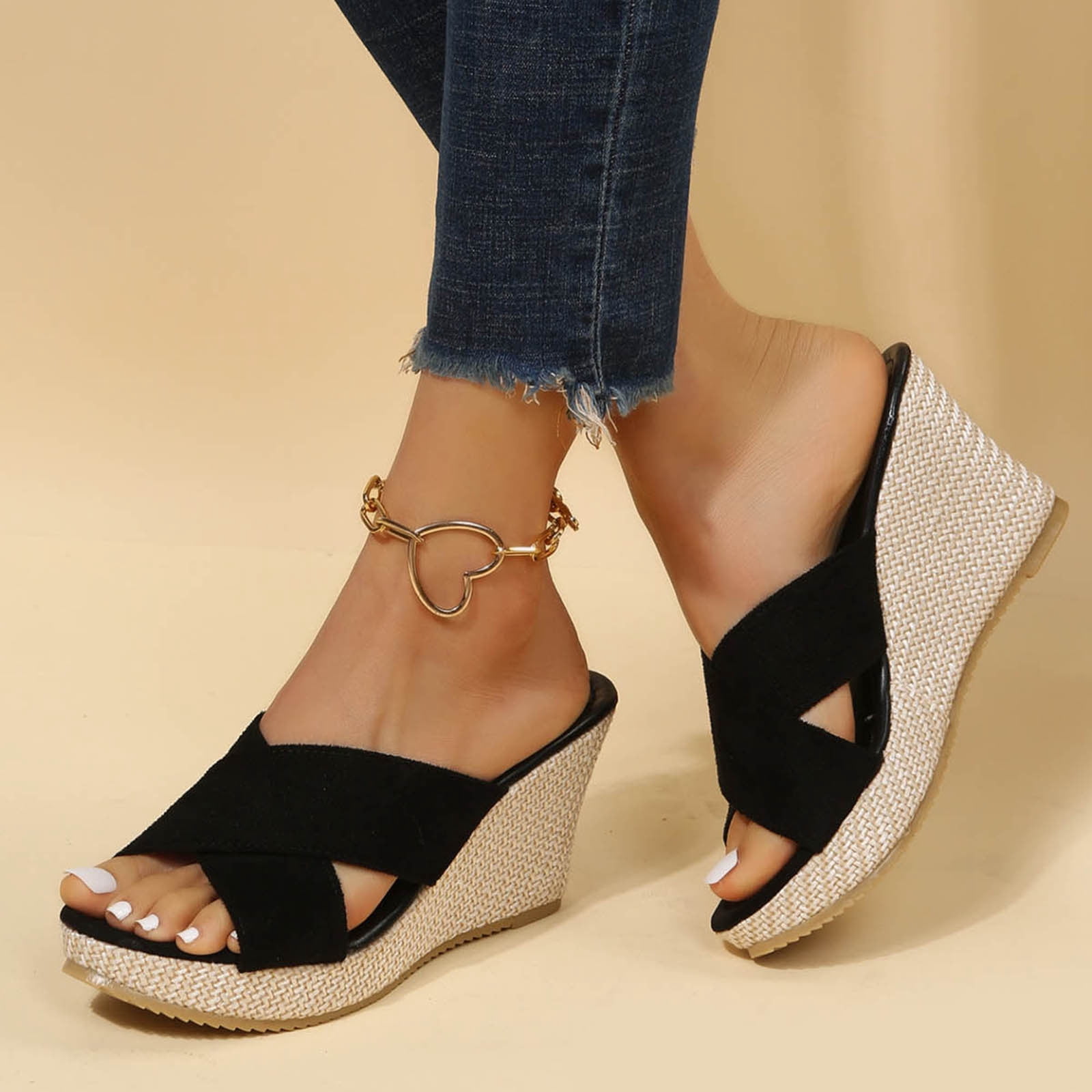 Womens Wedge Sandals Summer Fashion High-heeled Platform Muffin Bottom Rope Wedge Slippers Gifts for Women