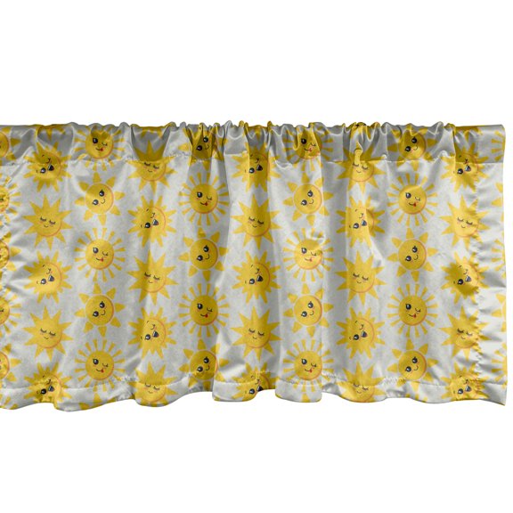 Ambesonne Cartoon Valance Pack of 2, Funny Sun Faces Pattern, 54"X12", Mustard and Coconut