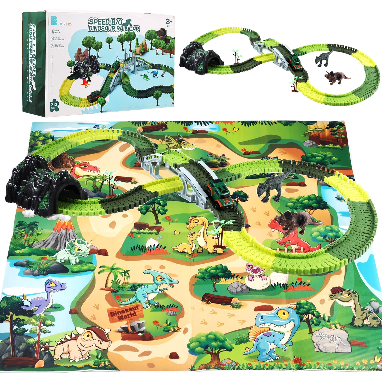 Anpro Dinosaur Toys Race Car Track Set for Kids, 250pcs Race Car Track Set Vehicle Playsets Dinosaur World Road Toys Flexible Track Playset for Boys Age 3+ Best Gift