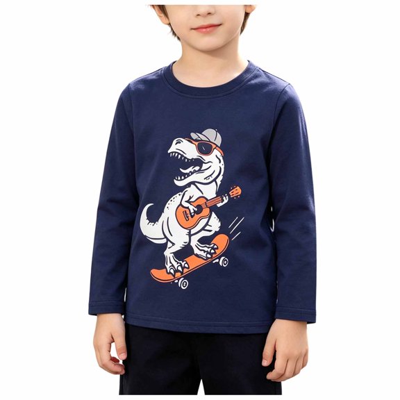 QGJZVUNL Boys Dinosour Printed Long Sleeve T Shirts Fall Casual Layer Tops Cartoon Round Neck Tshirts Size 6-7 Years