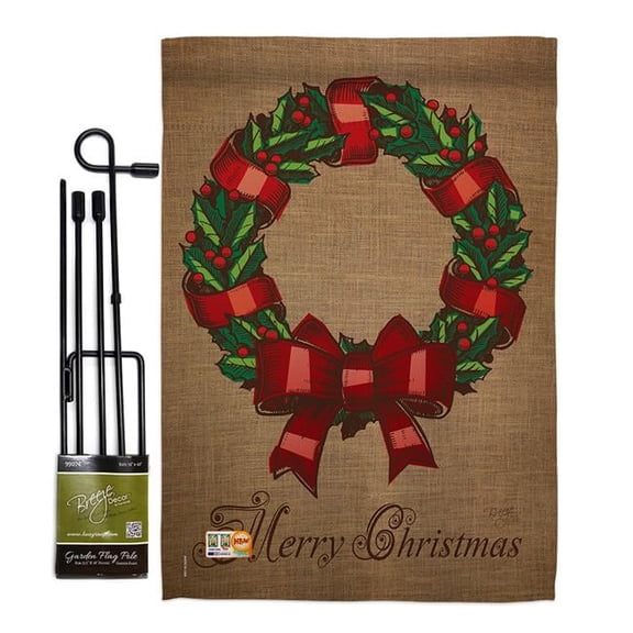 Breeze Decor BD-XM-GS-114108-IP-BO-D-US14-BD 13 x 18.5 in. Wreath Winter Christmas Impressions Decorative Vertical Double Sided Garden Flag Set with Banner Pole