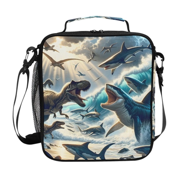 ALAZA Dinosaurs and Sharks on Beach Lunch Box Insulated Lunch Bag Reusable Thermal Cooler Tote School Picnic
