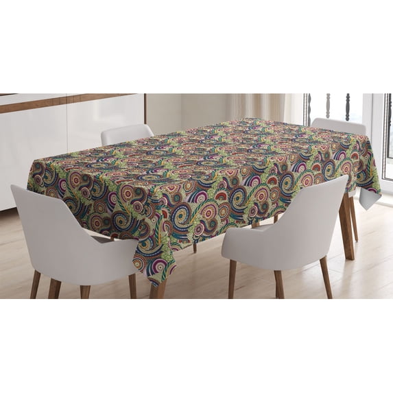 Abstract Tablecloth, Inspired Doodle Style Geometric Shapes Paisley Oriental Elements, Rectangle Satin Table Cover Accent for Dining Room and Kitchen, 52" X 70", Multicolor, by Ambesonne