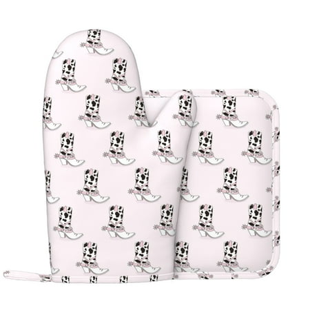 

Oven Mitts and Pot Holders Sets Modern Cartoon Cow Print Boots Non-Slip Silicone Oven Gloves Potholders Cotton Lining Heat Resistant Gloves Hot Pads for Kitchen Cooking Baking