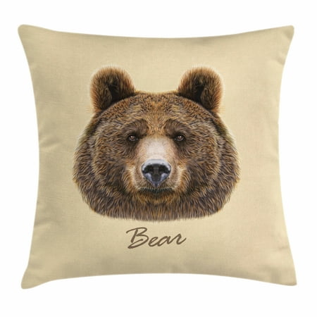 Bear Throw Pillow Cushion Cover, Big Bear of North America and Eurasia Realistic Strong Wildlife Beast Zoo Animal, Decorative Square Accent Pillow Case, 18 X 18 Inches, Brown Sand Brown, by
