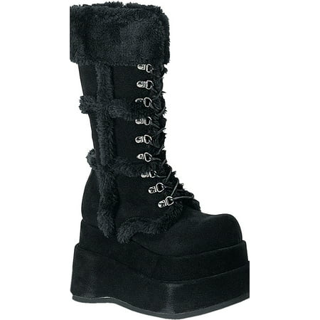 4 1/2 Inch Stacked Platform Calf Boots Costumes Black Veg Suede Shoes Faux Fur