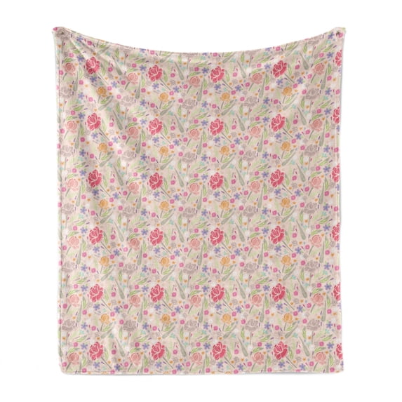 Botany Soft Flannel Fleece Throw Blanket, Delicate Spring Garden with Blossoming Wildflowers and Peonies Romantic Concept, Cozy Plush for Indoor and Outdoor Use, 50" x 70", Multicolor, by Ambesonne