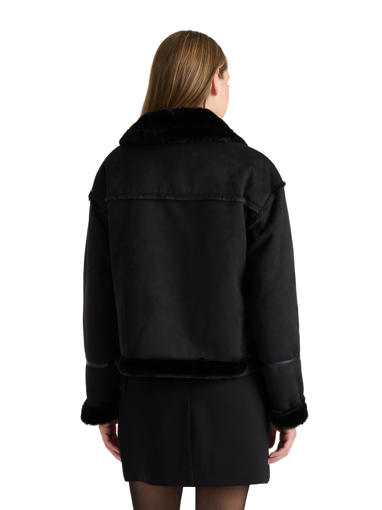 NOVELTI Womens Faux Shearling Short Zip Up Biker Jacket