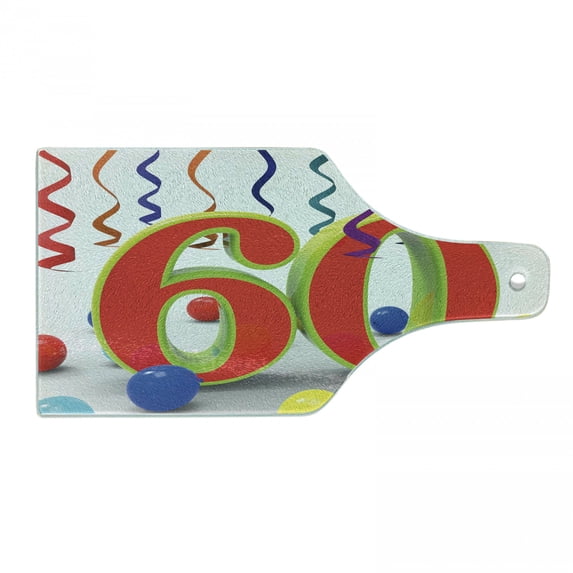 60th Birthday Cutting Board, Party Swirls with the Baloons Ribbons and Green Orange 60 Number, Decorative Tempered Glass Cutting and Serving Board, Wine Bottle Shape, Multicolor, by Ambesonne