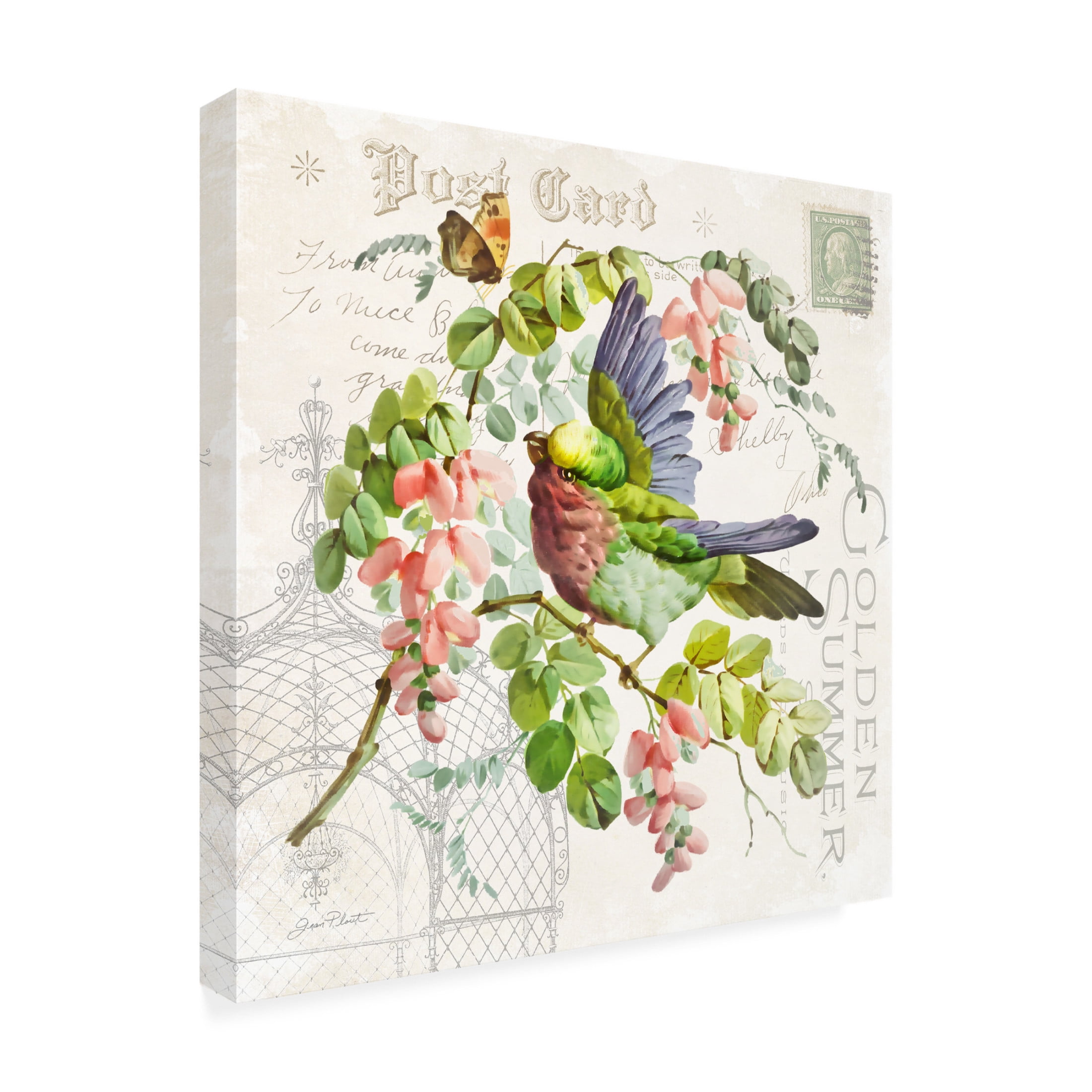Canvas Wall Art - Jean Plout 'Bird and Blooms A' Wall Art for Living Room, Bedroom, or Office Décor by Trademark Fine Art - 24 x 24 Inches