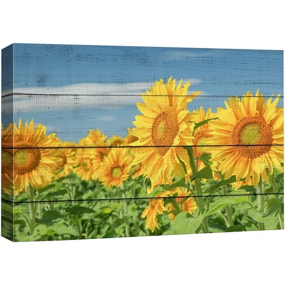 wall26 Canvas Print Wall Art Summer Breeze Sunflower Field Countryside Nature Wilderness Wood Panels Modern Art Rustic Decorative Zen Landscape Relax/Calm for Living Room, Bedroom, Office - 12"x