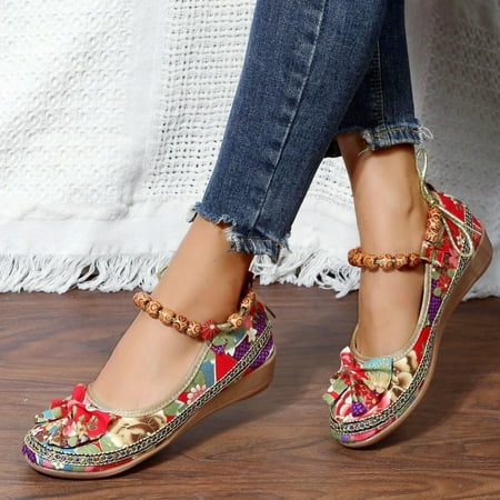 

Women‘s Floral Print Flat Shoes Ethnic Style Ankle Strap Slip On Shoes Casual Walking Shoes