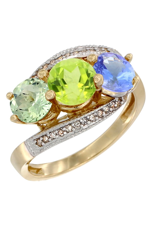 14K Yellow Gold Natural Green Amethyst, Peridot & Tanzanite 3 stone Ring Round 6mm Diamond Accent, size 6