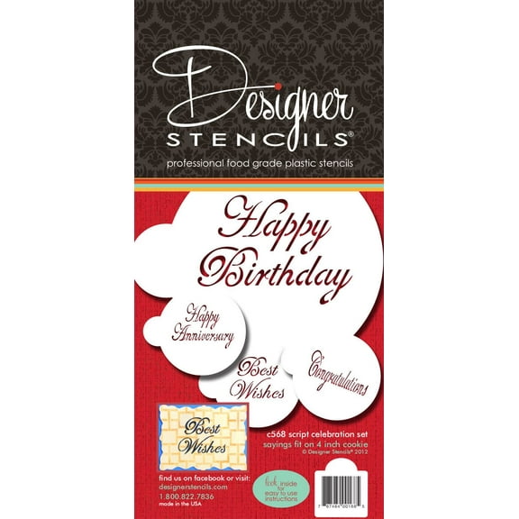 Designer Stencils Script Celebration Cake Stencils Set, Beige/Semi-Transparent