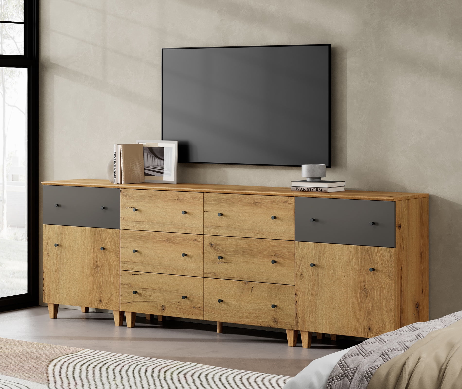 WAMPAT TV Stand for 100+ Inches TVs, 3-in-1 Modern Wooden Media Console with 8 Spacious Drawers and 2 Storage Cabinets for Living Room, Oak Brown