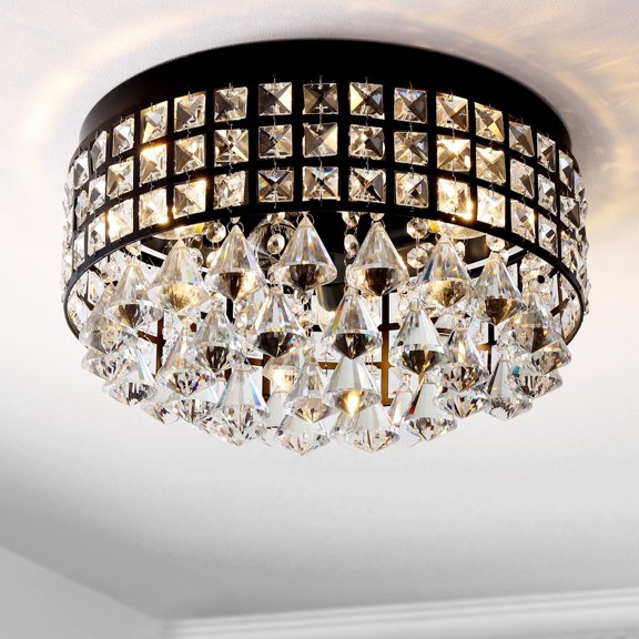 JONATHAN Y Meredith 14.5" 3-Light Crystal Drops/Metal LED Flush Mount, Black, JYL6142A