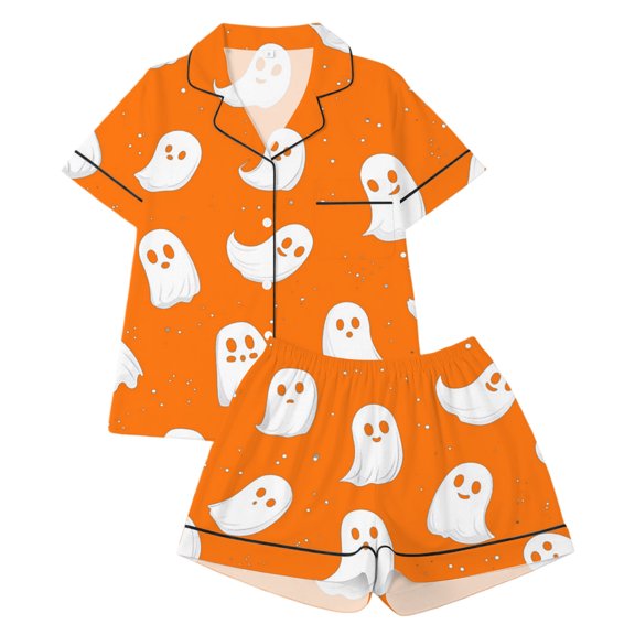 HEVRJEWJD Girls Halloween Print Short Sleeve Top With Shorts Pajamas Kids Button-Down Nightwear Loungewear Orange8 3-4 Years