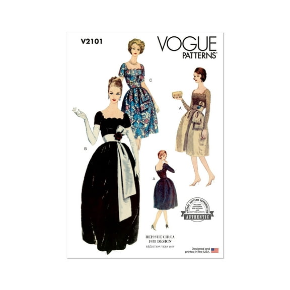 Vogue Sewing Pattern 2101 - 1950s Misses' Dress with Belt and Sash, Size: U5 (16-18-20-22-24)