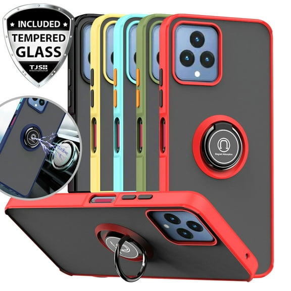 For T-Mobile Revvl 6 5G Ring Case Magnetic Stand Clear Back Cover With 1 pc Tempered Glass