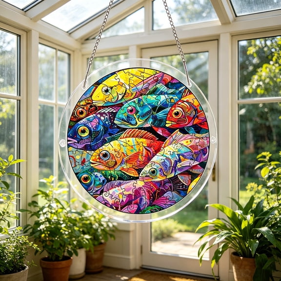 Colorful Tropical Fish Stained Glass Style Acrylic Suncatcher Puzzle 83 Pieces, Ocean Animal Window Hanging Ornament, Translucent Shatterproof Rainbow Maker for Summer Home Decor, Craft Gift