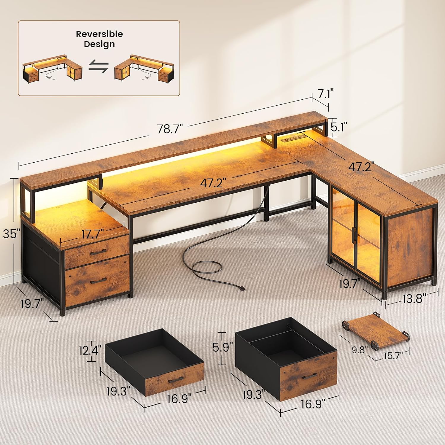 SEDETA L Shaped Desk with Storage, 78 Inch Home Office Desk with Drawers and Cabinets, Corner Computer Desk with Power Outlet & LED Light, Large Computer Desk with Movable CPU Stand, Rustic Brown