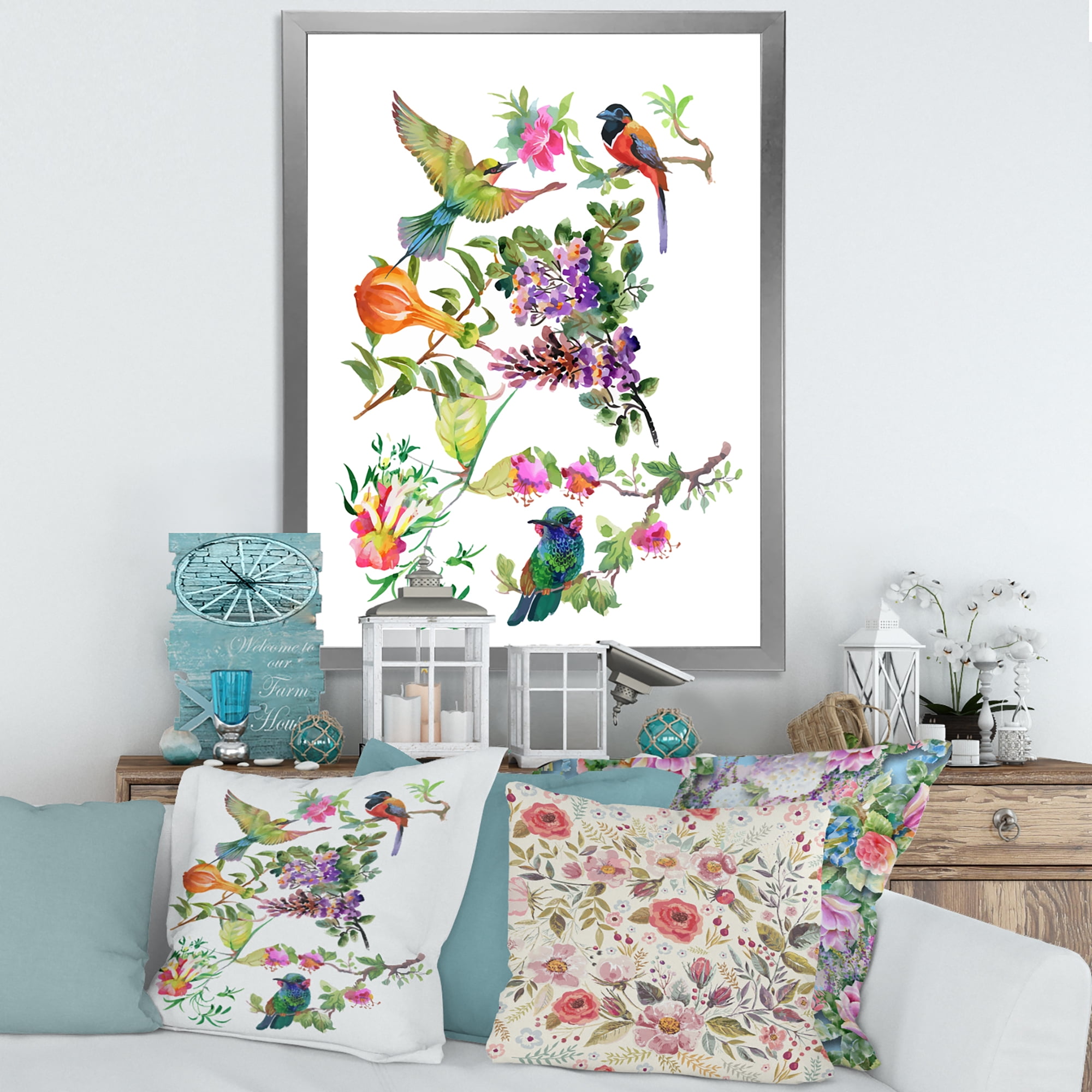 Designart 'Colourful Birds and Tropical Flowers II' Traditional Framed Art Print