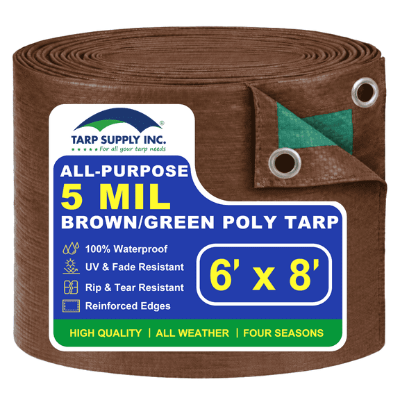 6'x8' 5 Mil Brown/Green Poly Tarp - Lightweight Waterproof Tarpaulin with Reinforced Edges, Multipurpose Protection for Outdoor Use, Camping