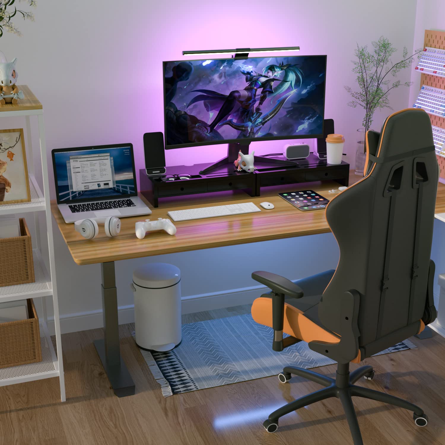 Bambloom Monitor Riser with 2 Drawers,Black Wood Monitor Stand for Computer, Laptop, Printer,Tv