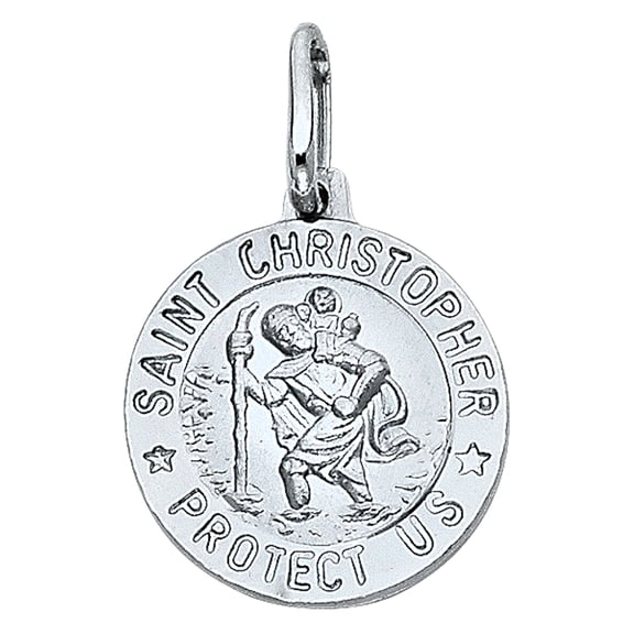 Ioka-14K White Gold St. Christopher Protect Us Religious Charm Pendant For Necklace or Chain